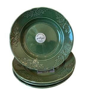 Villa Stoneware Portugal Green Ceramic Bowls 9.5" Floral Border Set of 4 NEW